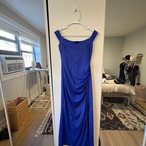 Satin Off-Shoulder Maxi Dress in Cobalt Blue
